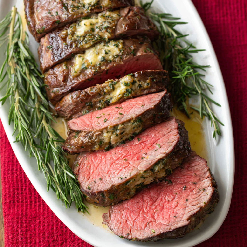 A plate of steak with herbs on top.
