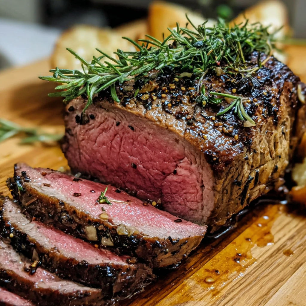 A piece of meat with herbs on it.