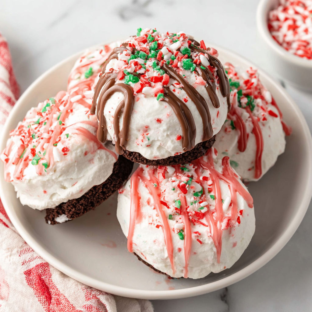 A plate of cookies with white frosting and red and green sprinkles.