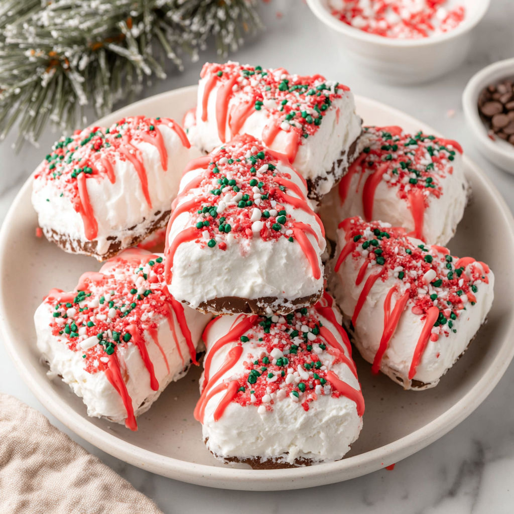A plate of cookies with red and white icing.