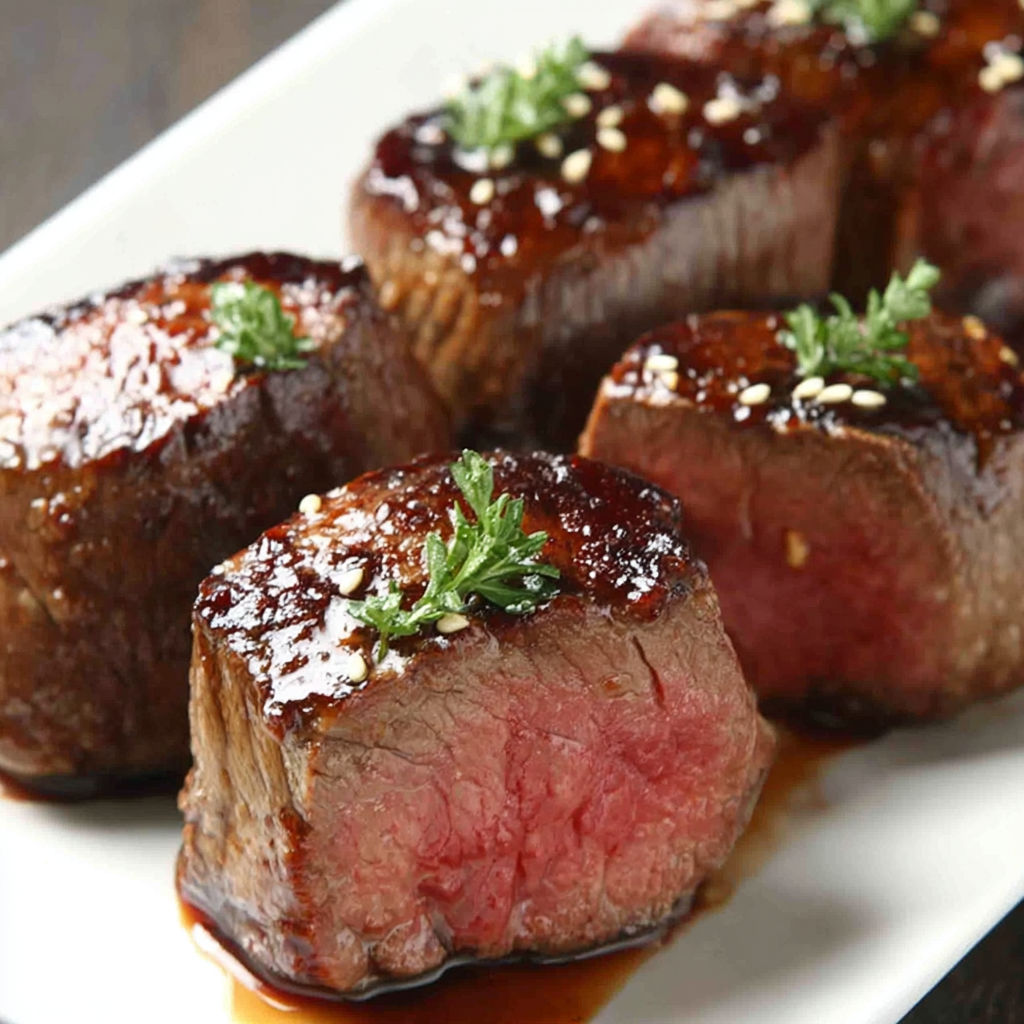 A plate of meat with a sprig of parsley on top.