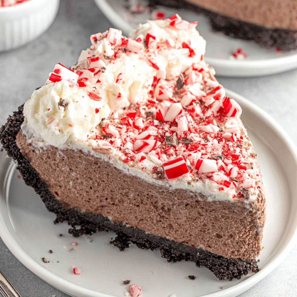 A slice of chocolate cake with white frosting and red and green sprinkles.