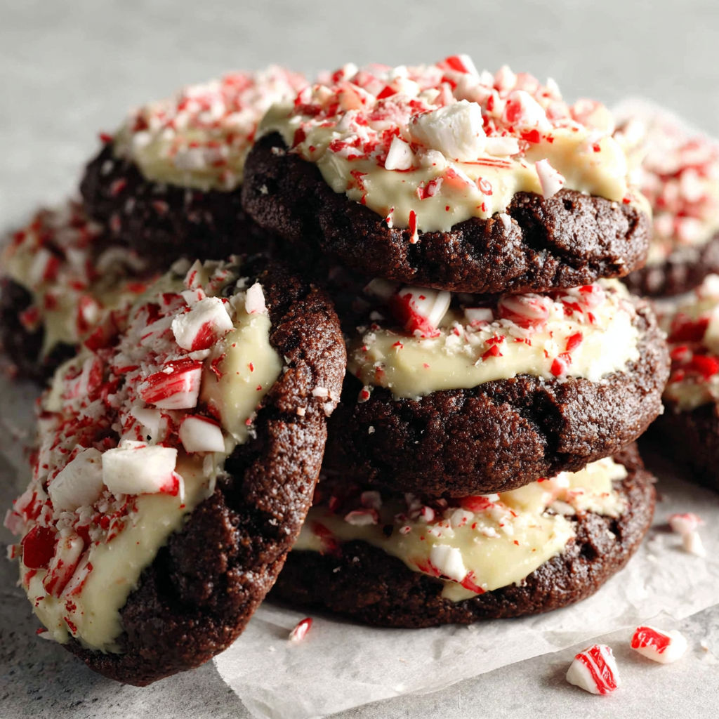 A stack of chocolate cookies with white frosting and red and green sprinkles.