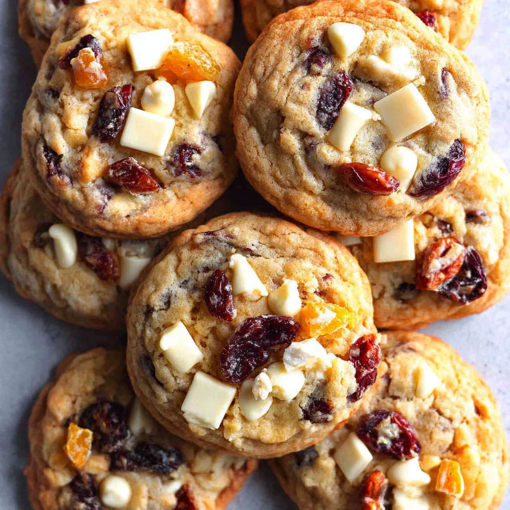 A stack of cookies with white and orange toppings.