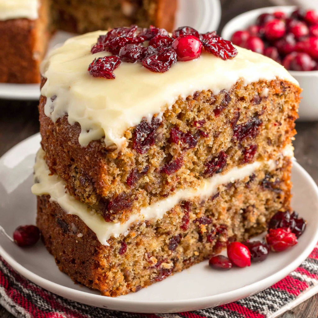 A slice of cake with white frosting and red berries on top.