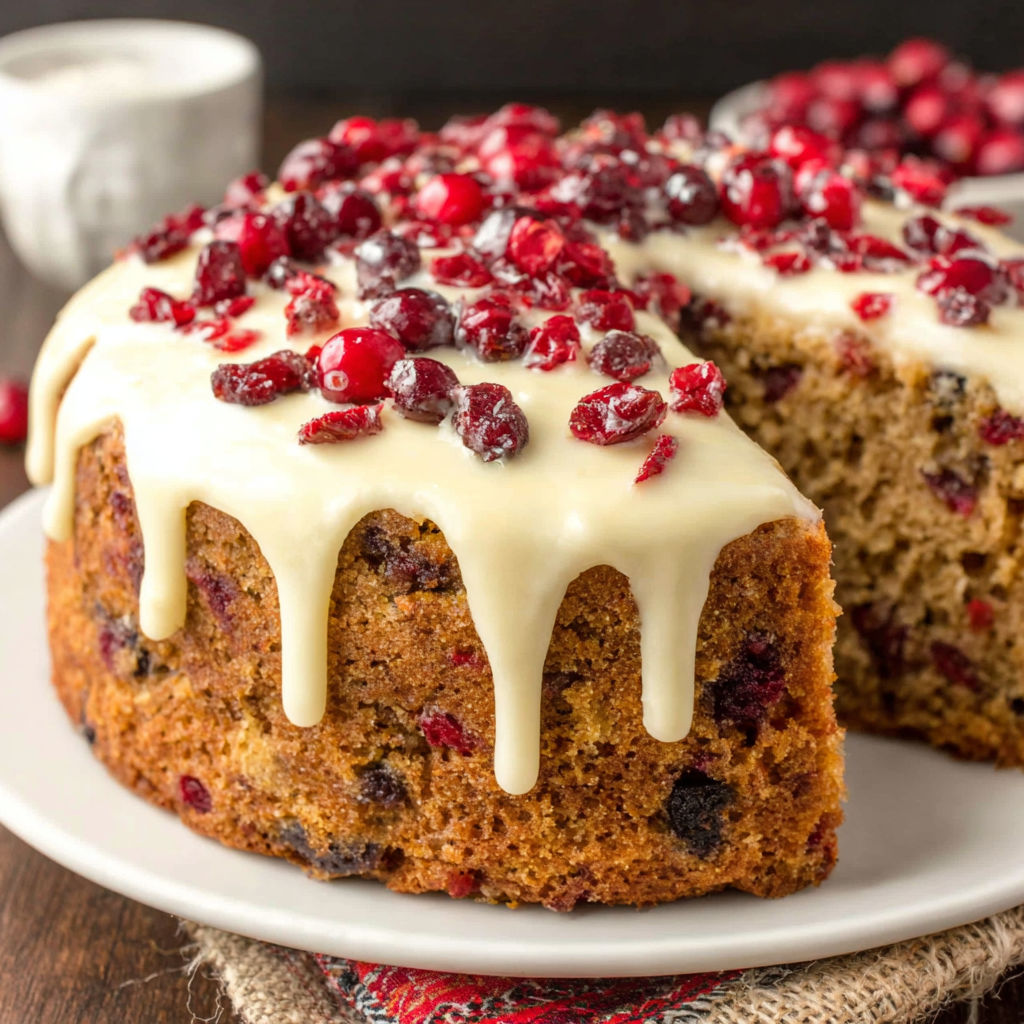 A slice of cake with white frosting and red berries.