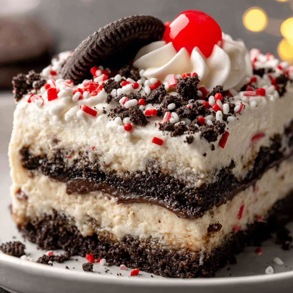 A slice of cake with chocolate and white frosting.