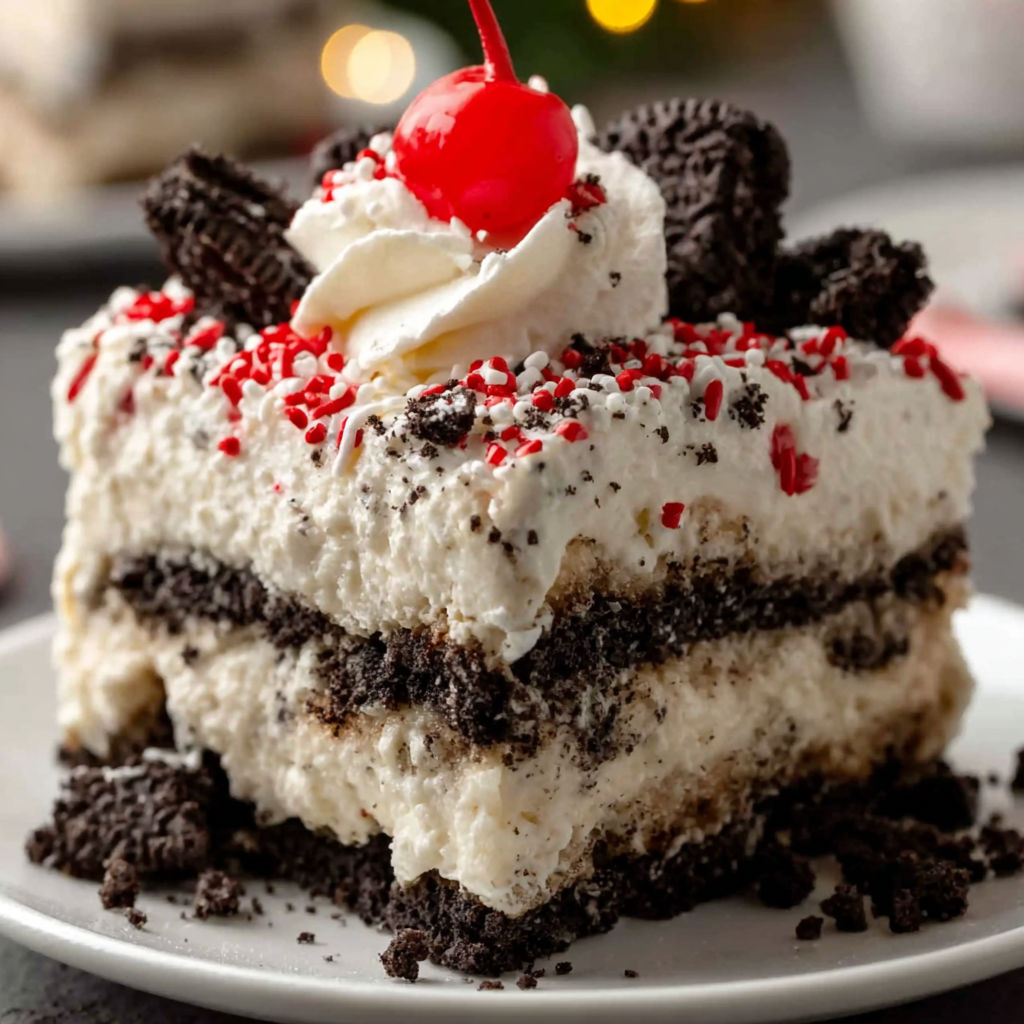 A slice of cake with white icing and a cherry on top.