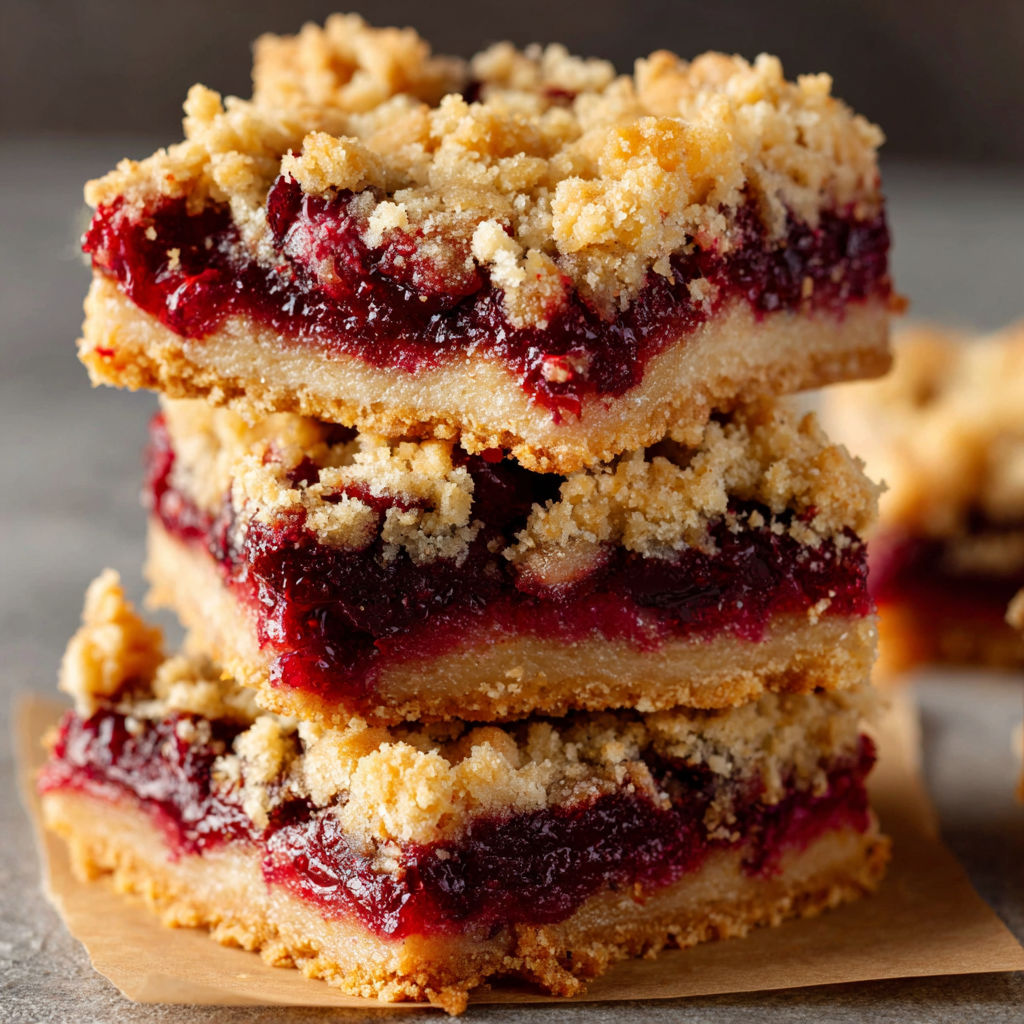 A stack of three dessert bars with a recipe on the side.