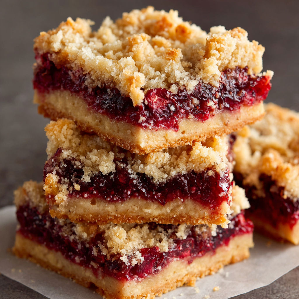 A stack of three cake bars with a berry topping.