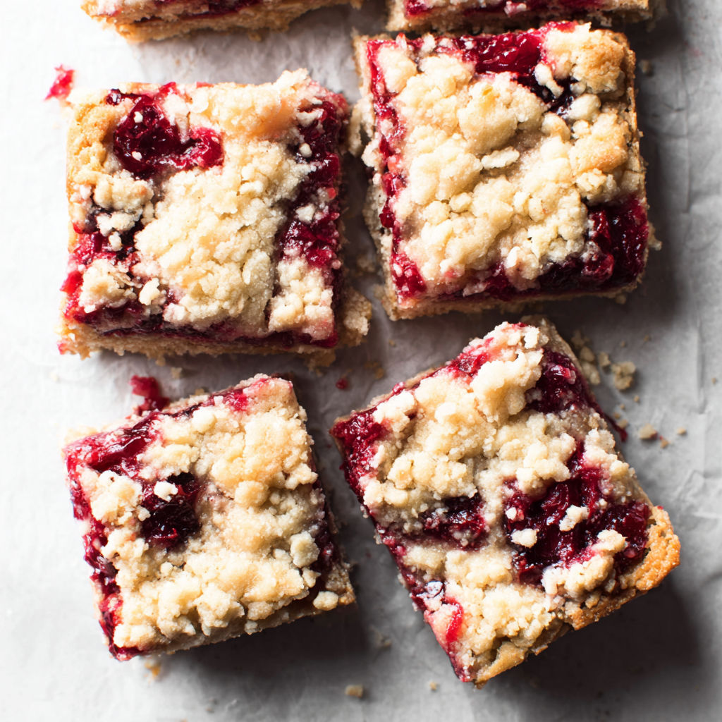 A close up of a dessert with berries and crumbs.