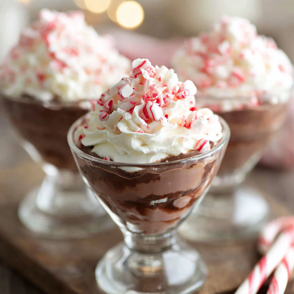 Three glasses of chocolate dessert with red and white toppings.