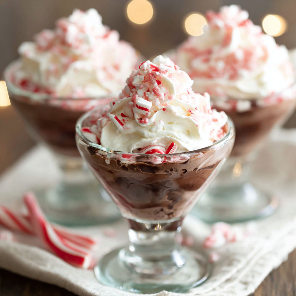 A glass of chocolate ice cream with whipped cream and a candy cane.