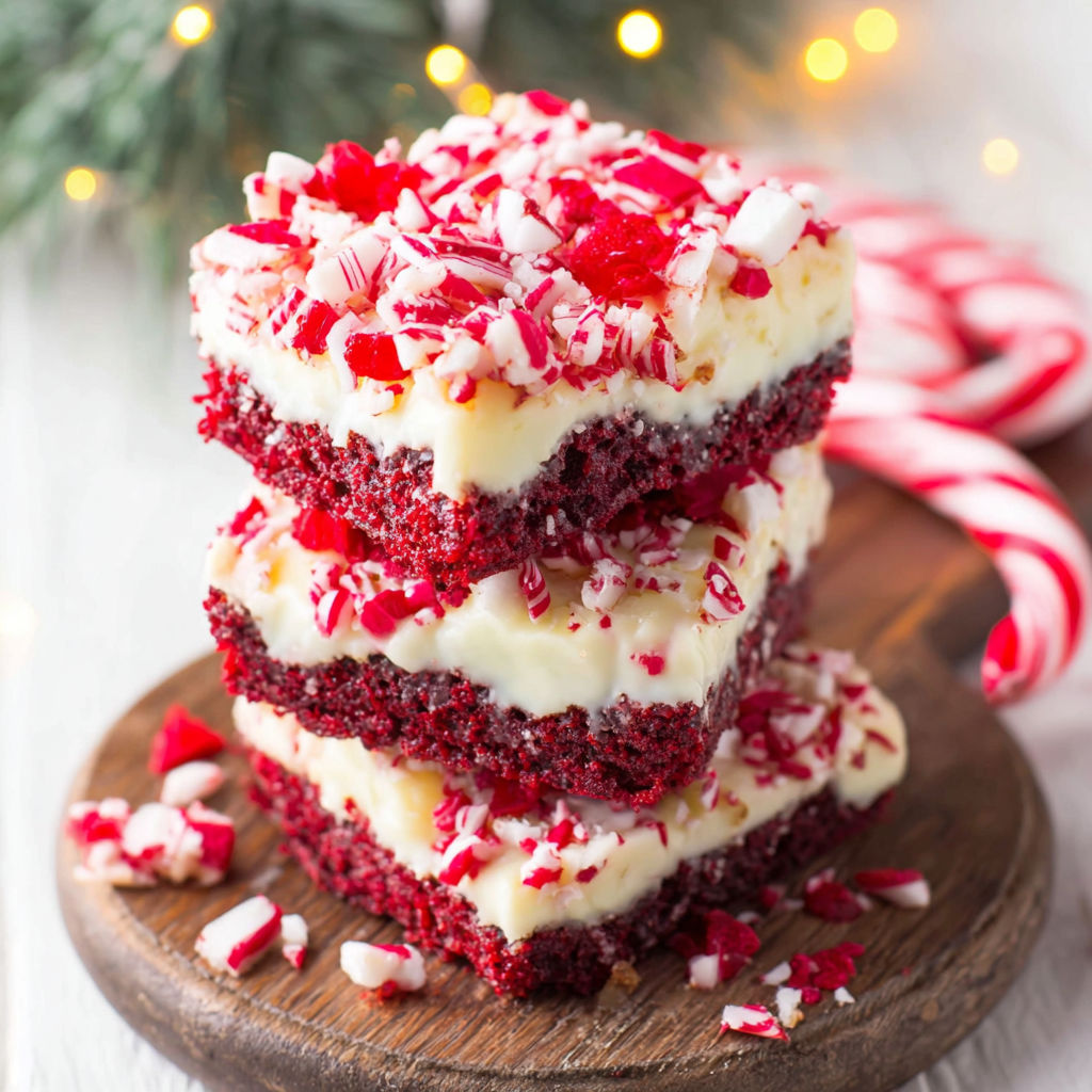 A stack of red velvet cake with white frosting and red sprinkles.