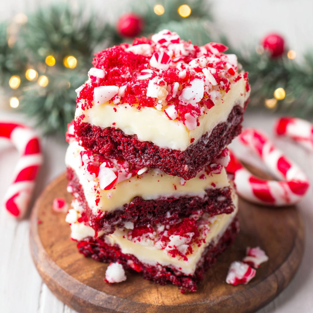 A stack of red velvet cake with white frosting.