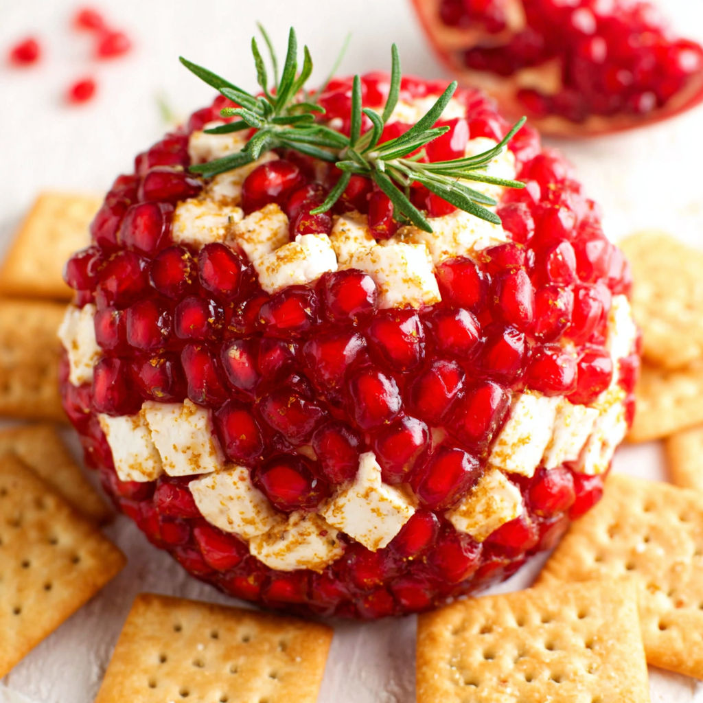 A red pomegranate with white cheese and herbs on top.