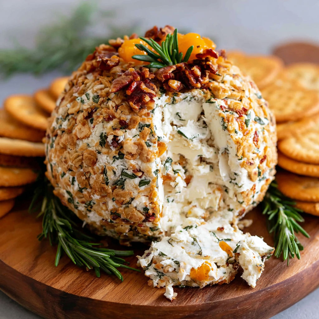 A cheese ball with bacon and herbs on a wooden platter.