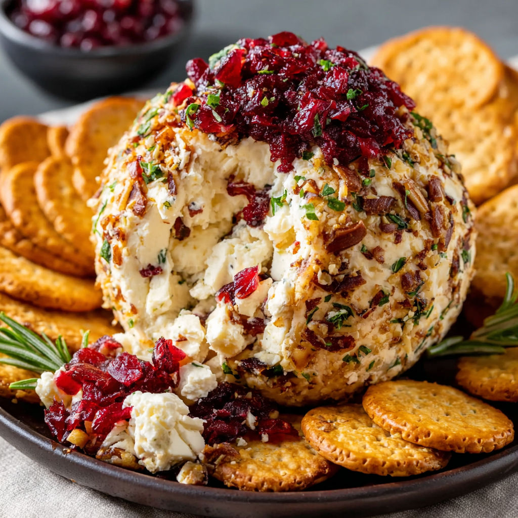 A cheese ball with a red jelly topping.