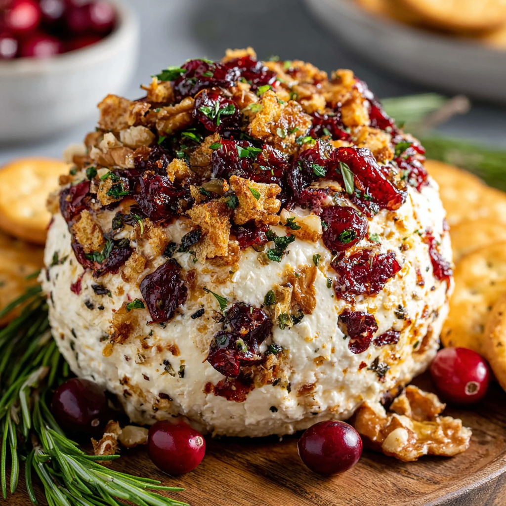 A cheese ball with a red sauce and nuts.