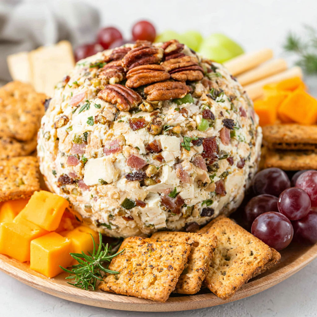 A plate of food with a variety of items including a cheese ball, crackers, grapes, and other snacks.