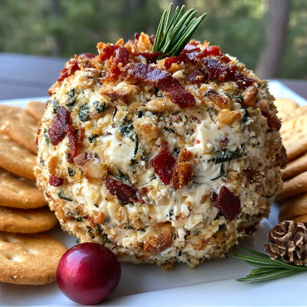 A plate of food with a bacon and cheese ball.
