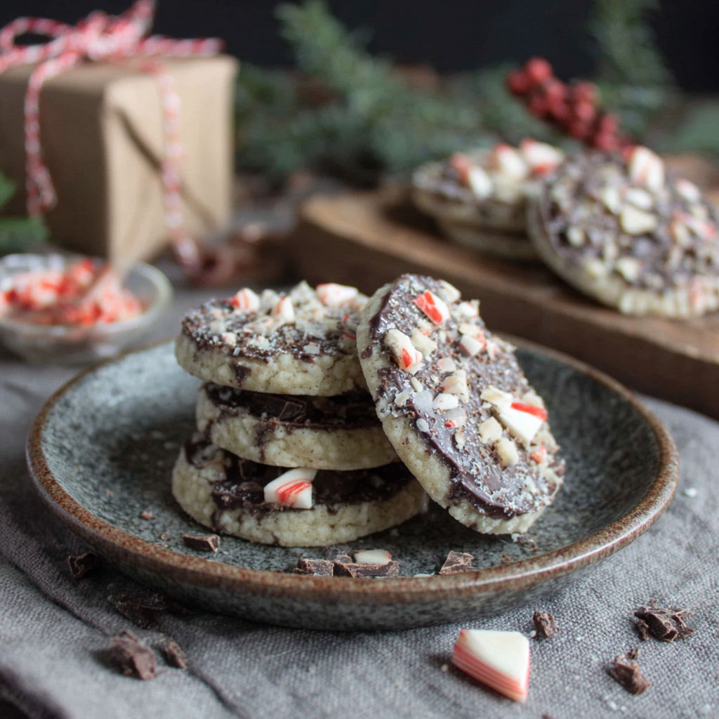 A plate of cookies with candy canes on top.