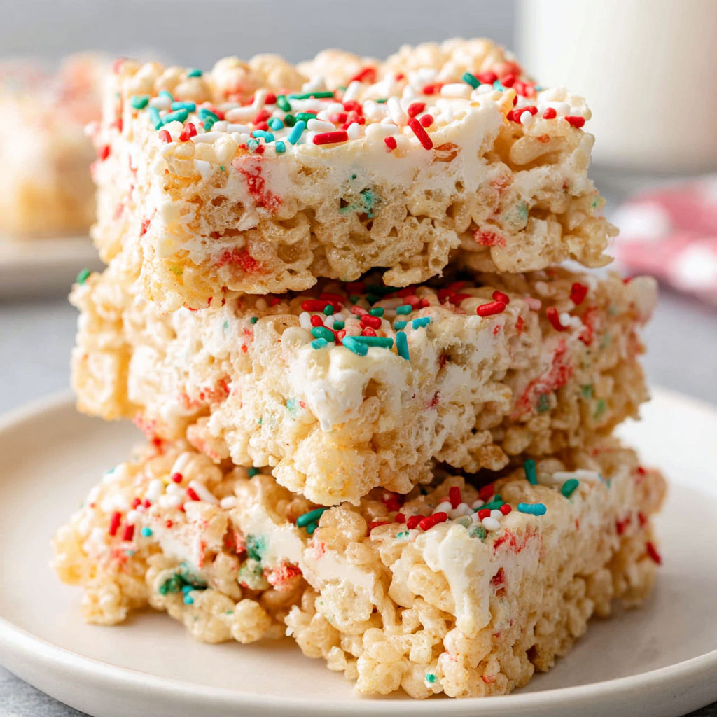 A stack of cereal bars with sprinkles on a plate.
