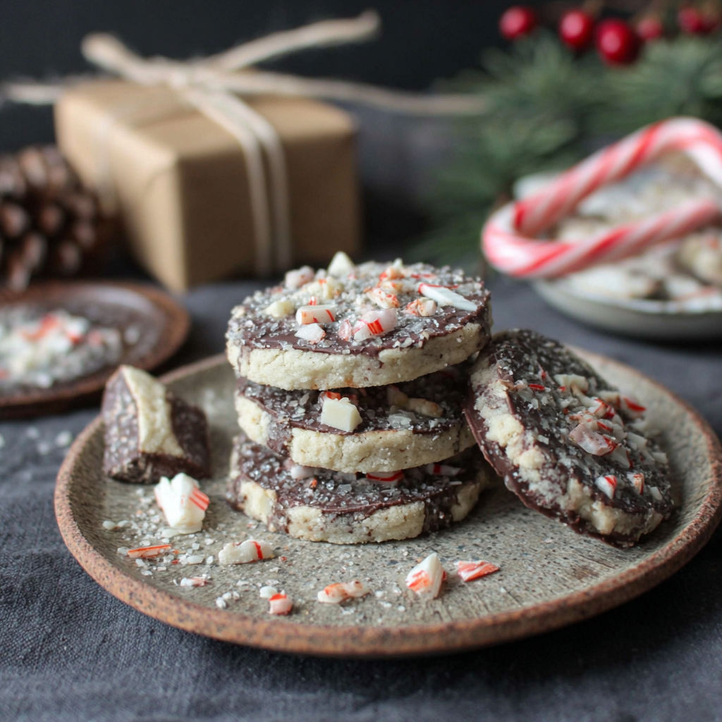 A plate of cookies with candy canes on top.