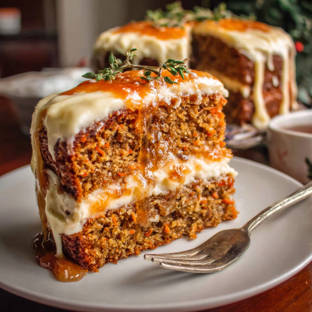 A slice of carrot cake with white frosting.