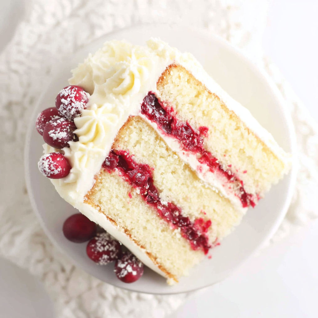 A slice of cake with white frosting and red berries.