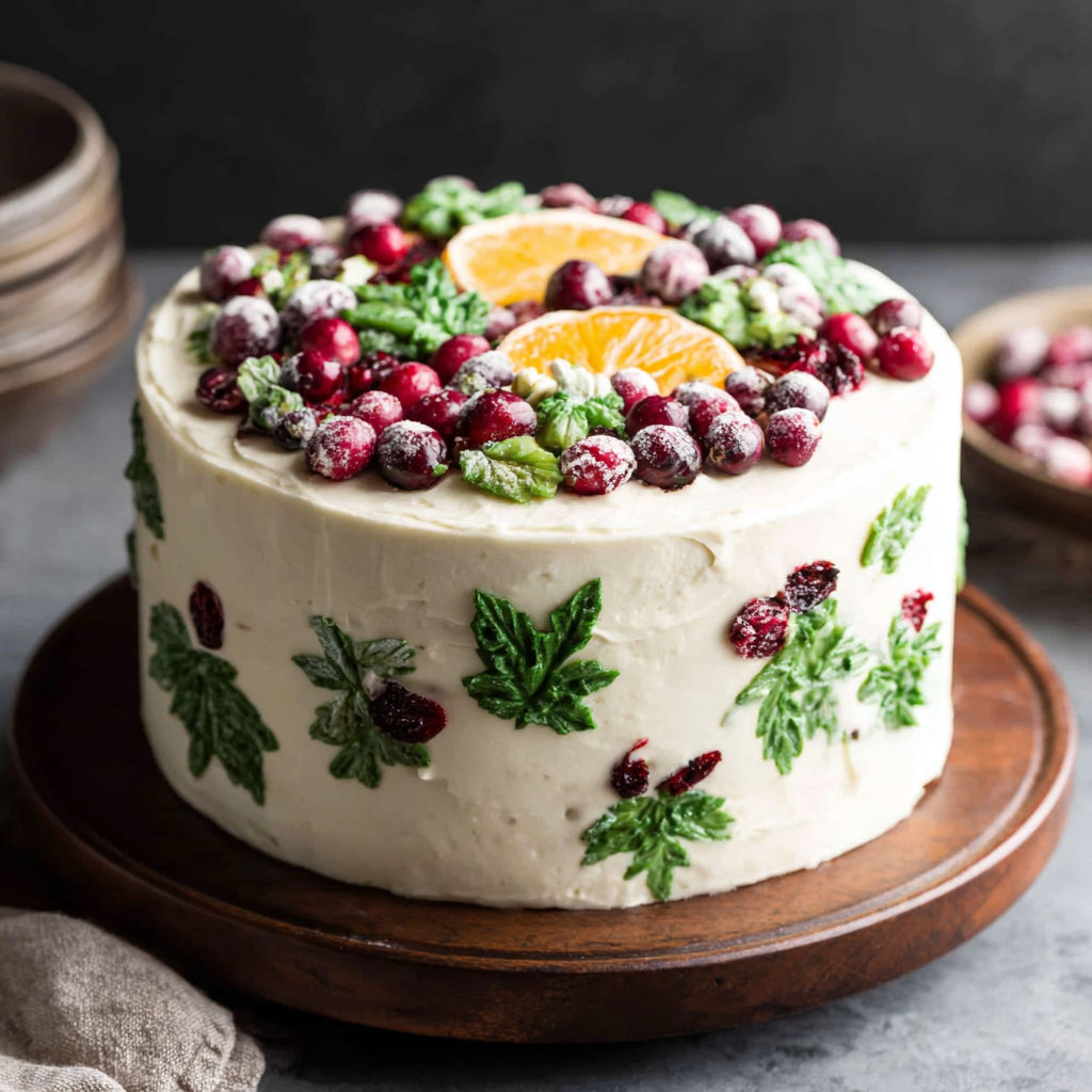 A cake with a white frosting and fruit on top.