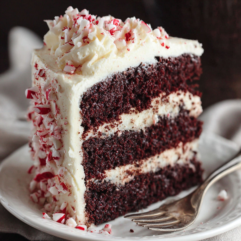 A slice of chocolate cake with white frosting and red sprinkles.