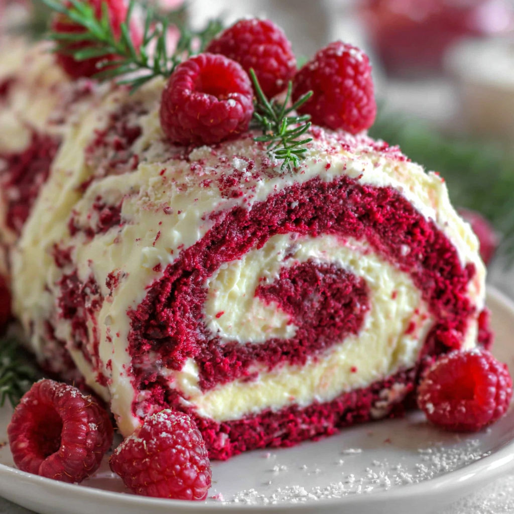 A cake with raspberries on top.
