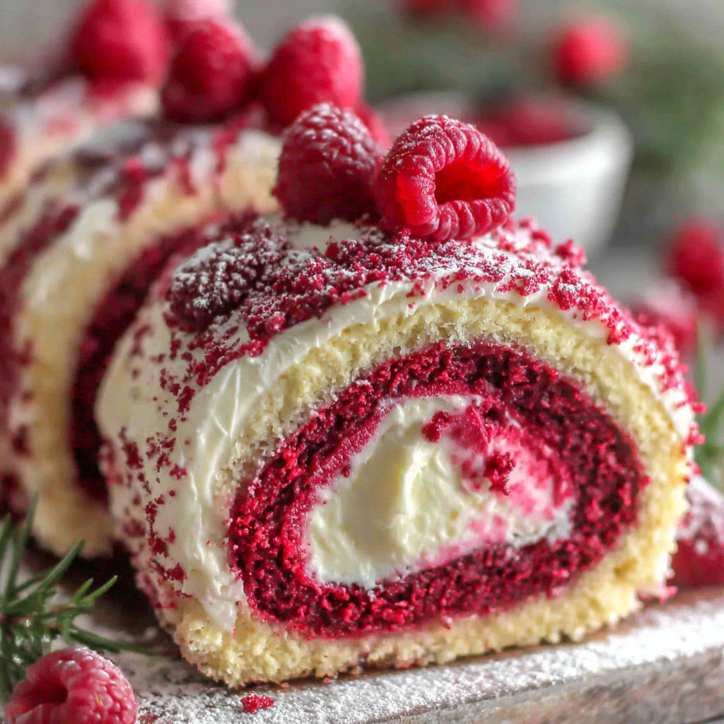A cake with white frosting and red raspberries.