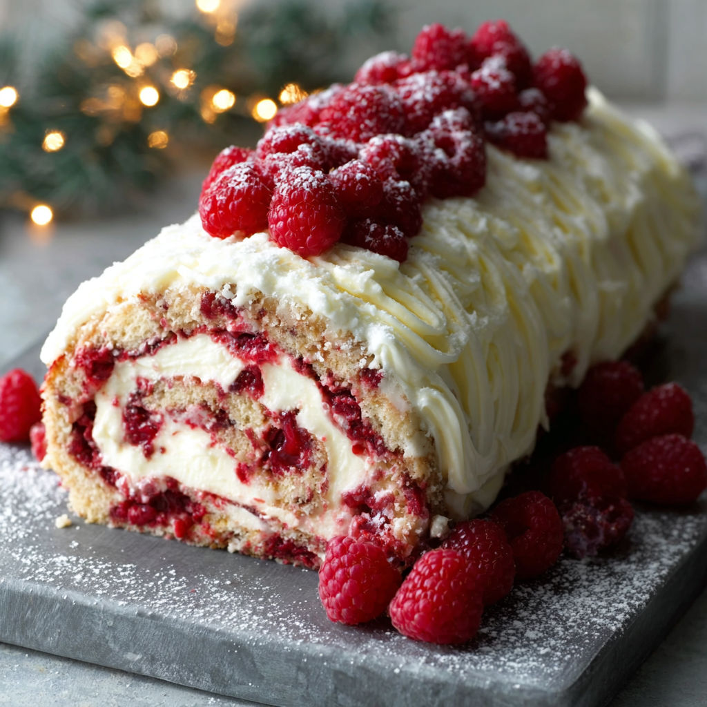 A cake with raspberries on top.