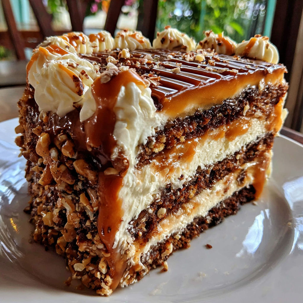 A slice of cake with caramel drizzle.