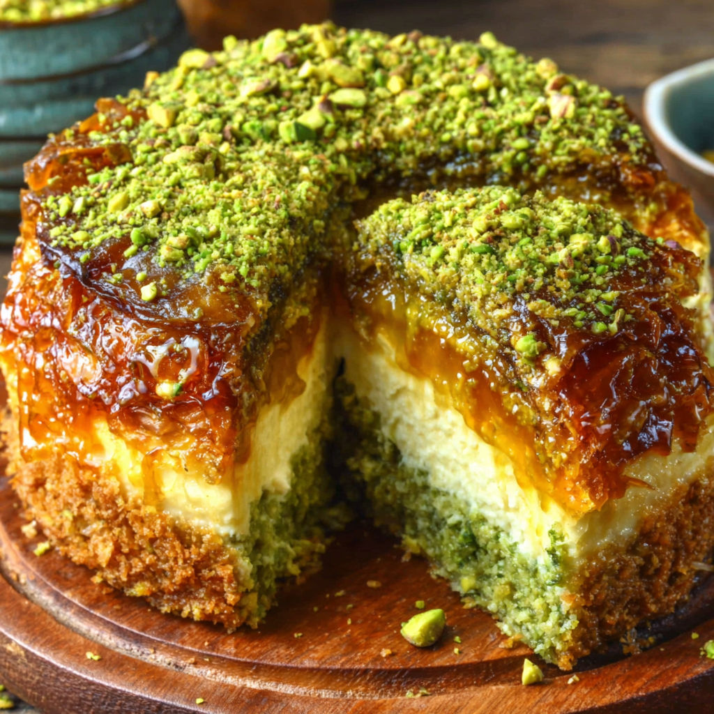 A slice of cake with pistachio nuts on top.