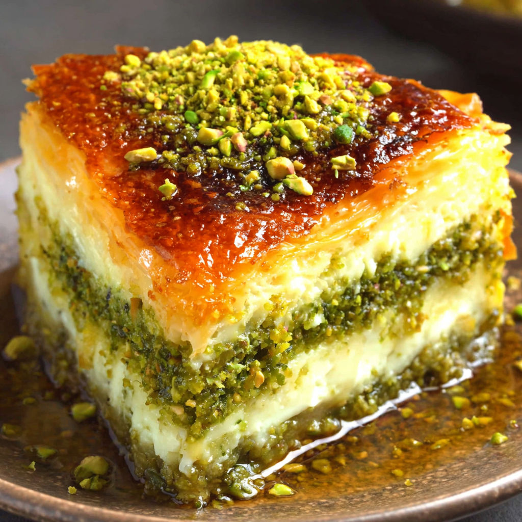 A slice of cake with a green topping.