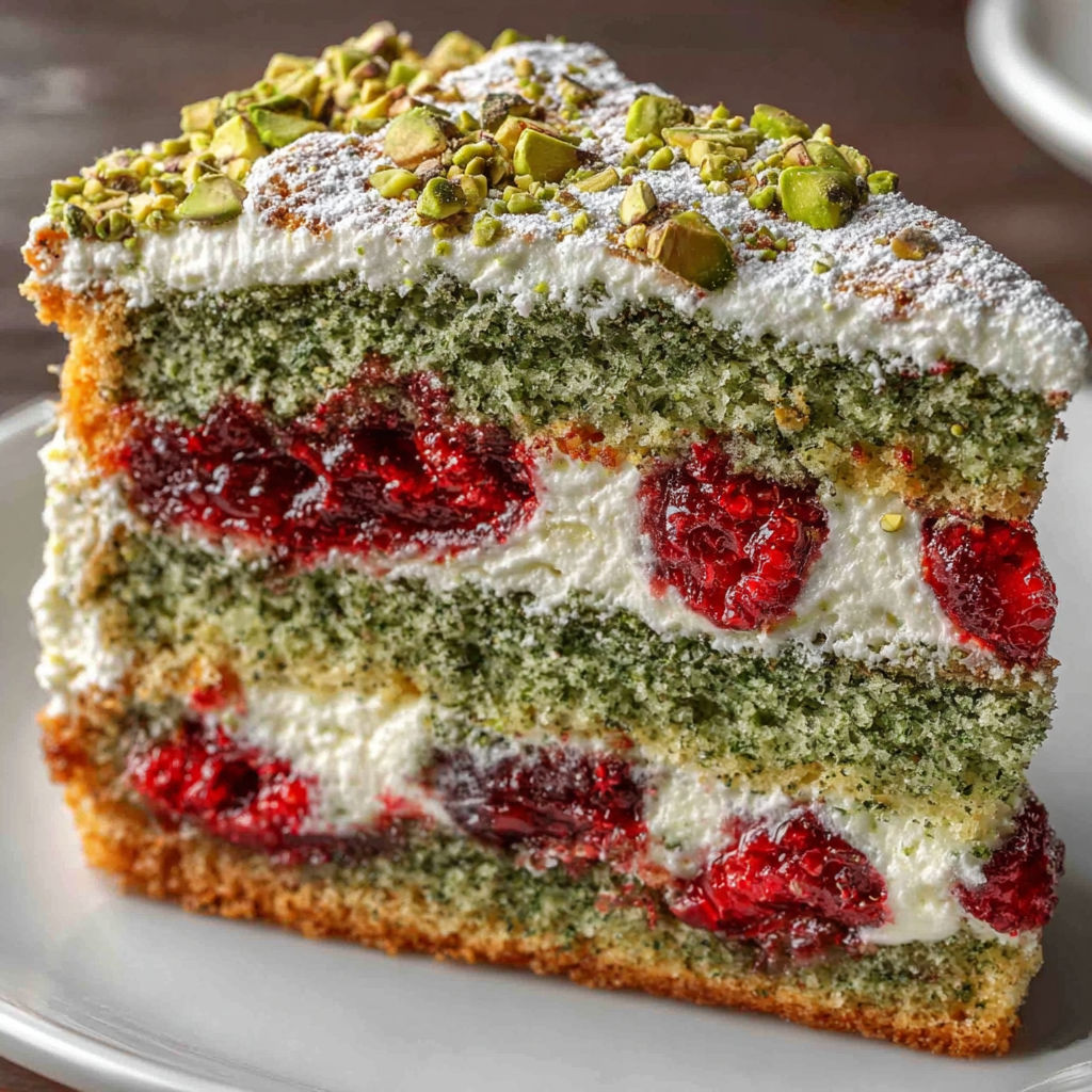 A slice of cake with white frosting and red raspberries.