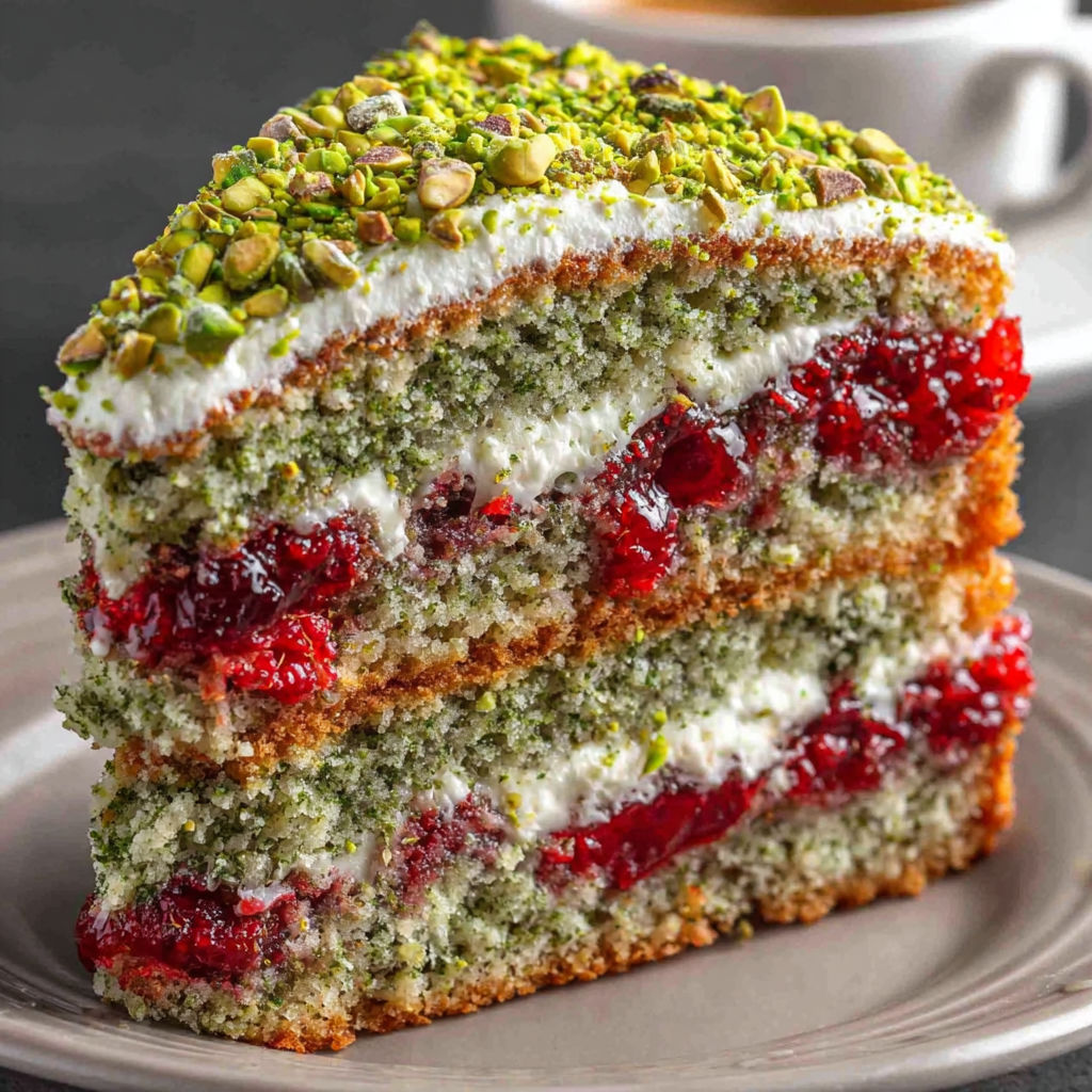 A slice of cake with white frosting and red fruit.