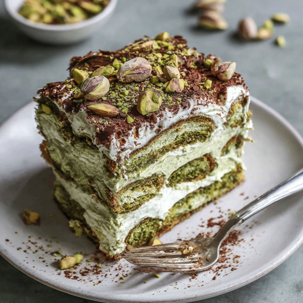 A slice of cake with pistachio nuts on top.
