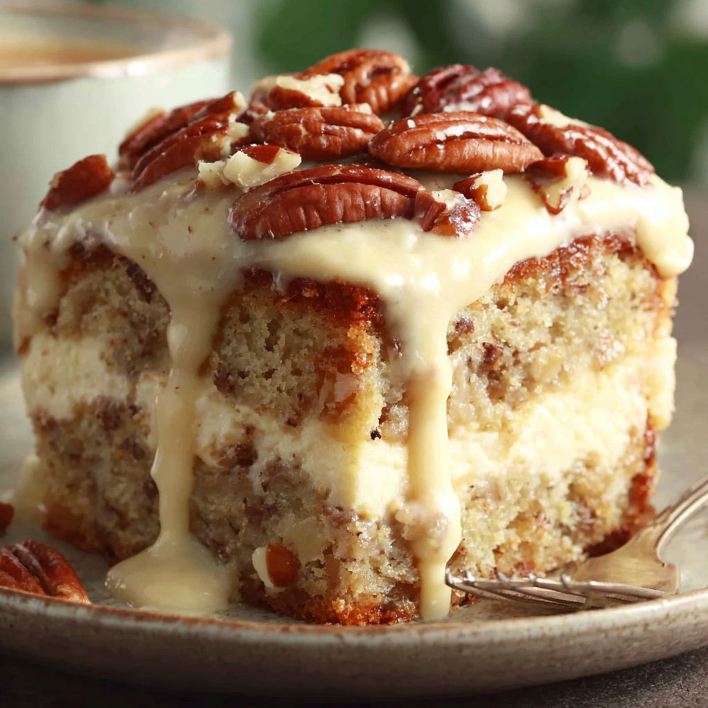 A slice of cake with frosting and nuts on top.