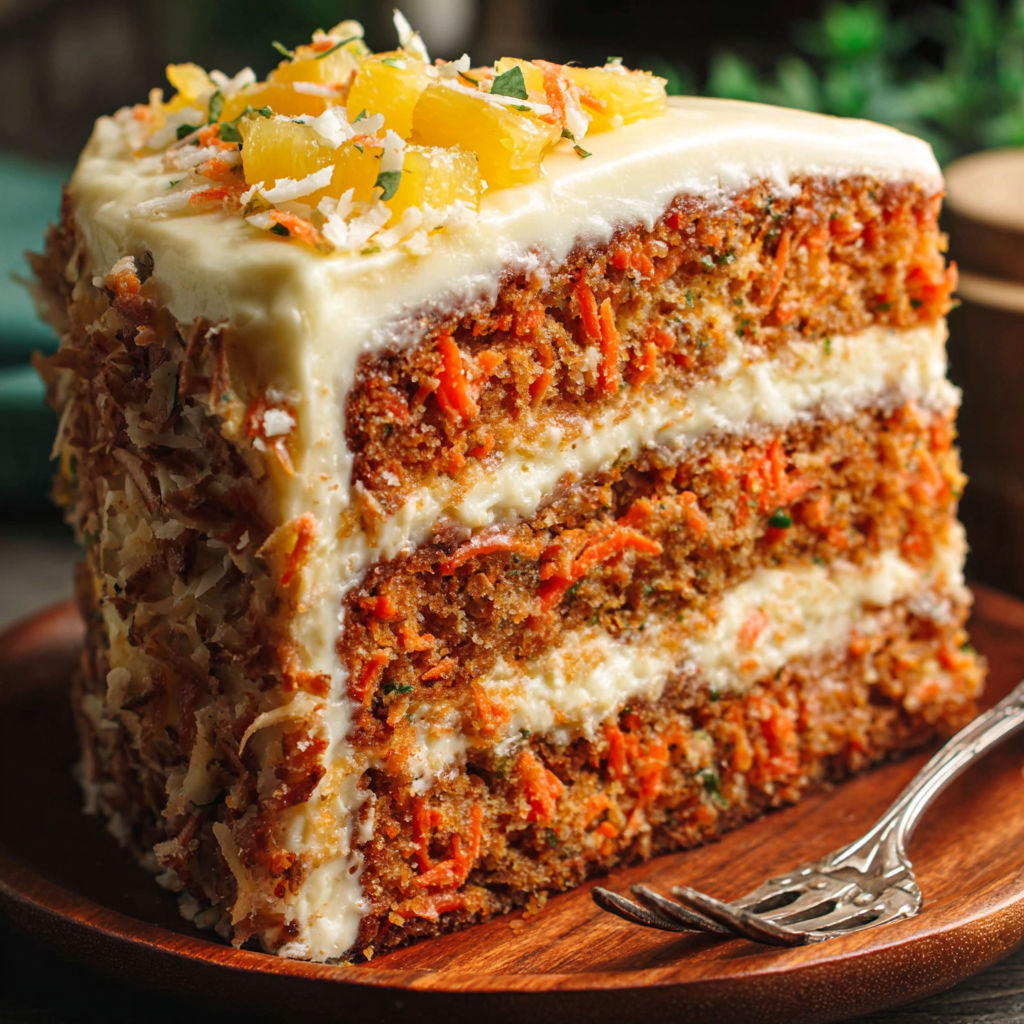 A slice of carrot cake with white frosting.