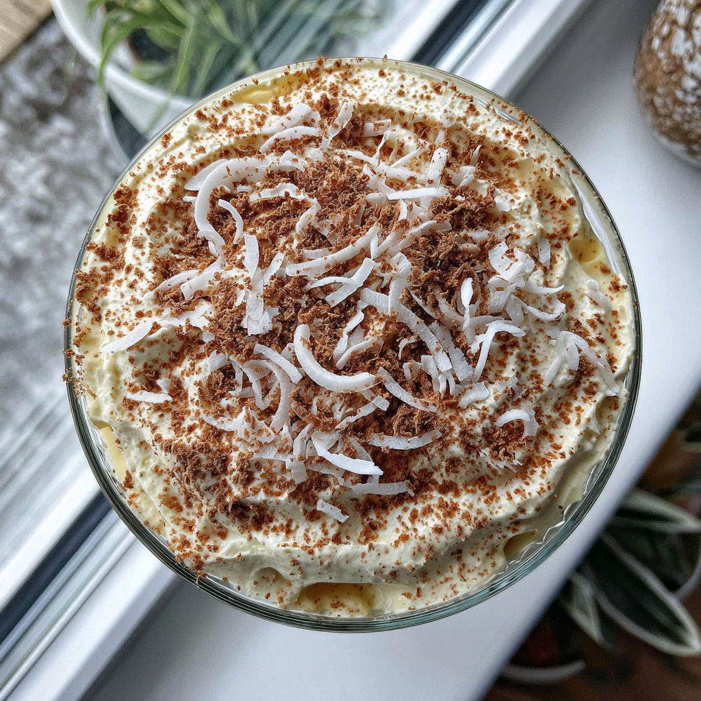 A glass of food with coconut on top.