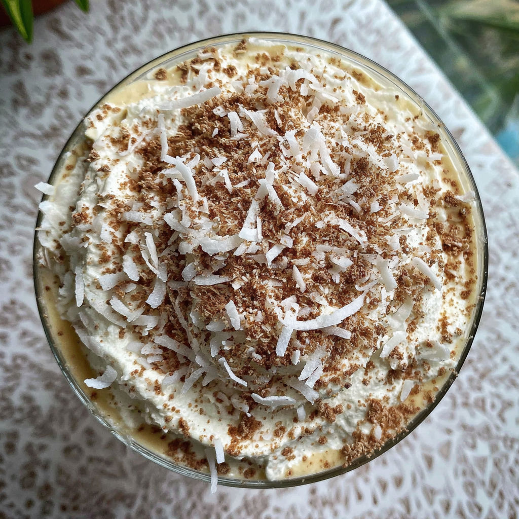 A glass of food with coconut on top.