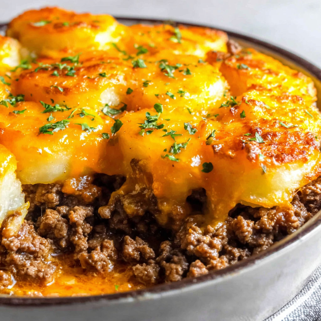 A plate of food with a cheese and potato topping.