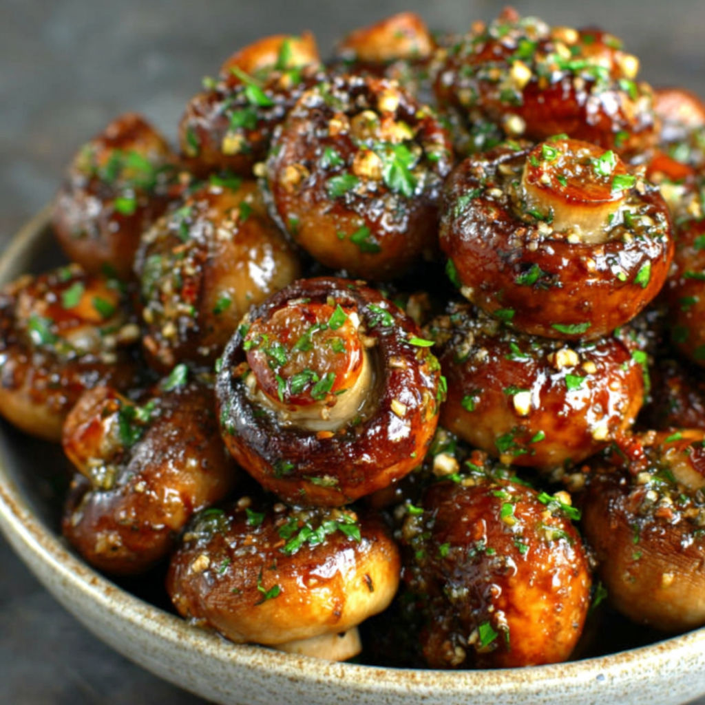 A bowl of mushrooms with a sauce on top.