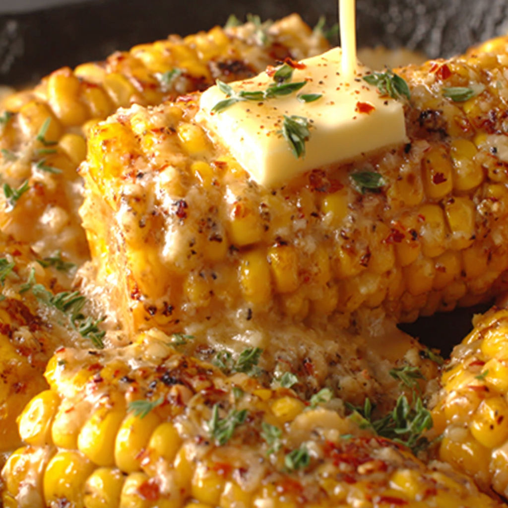 A close up of corn with butter on it.