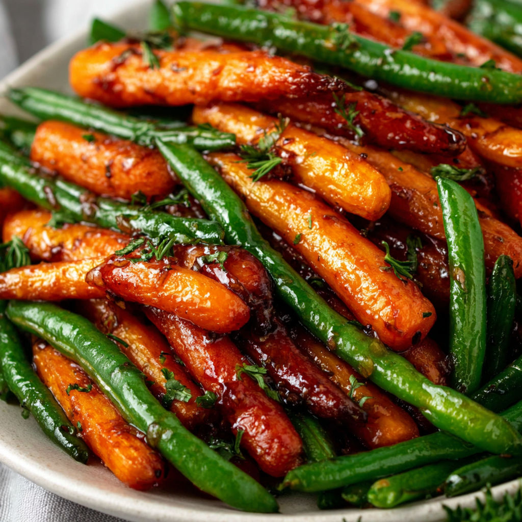 A plate of cooked carrots and green beans.