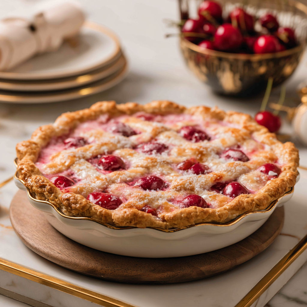 A pie with cherries and whipped cream.